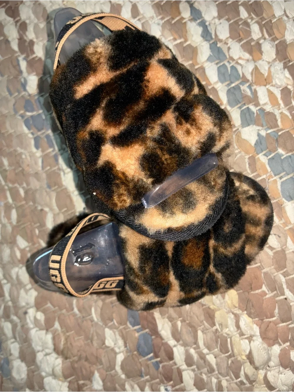 UGG Kids Leopard Faux Fur Slide Sandals - Brown & Black